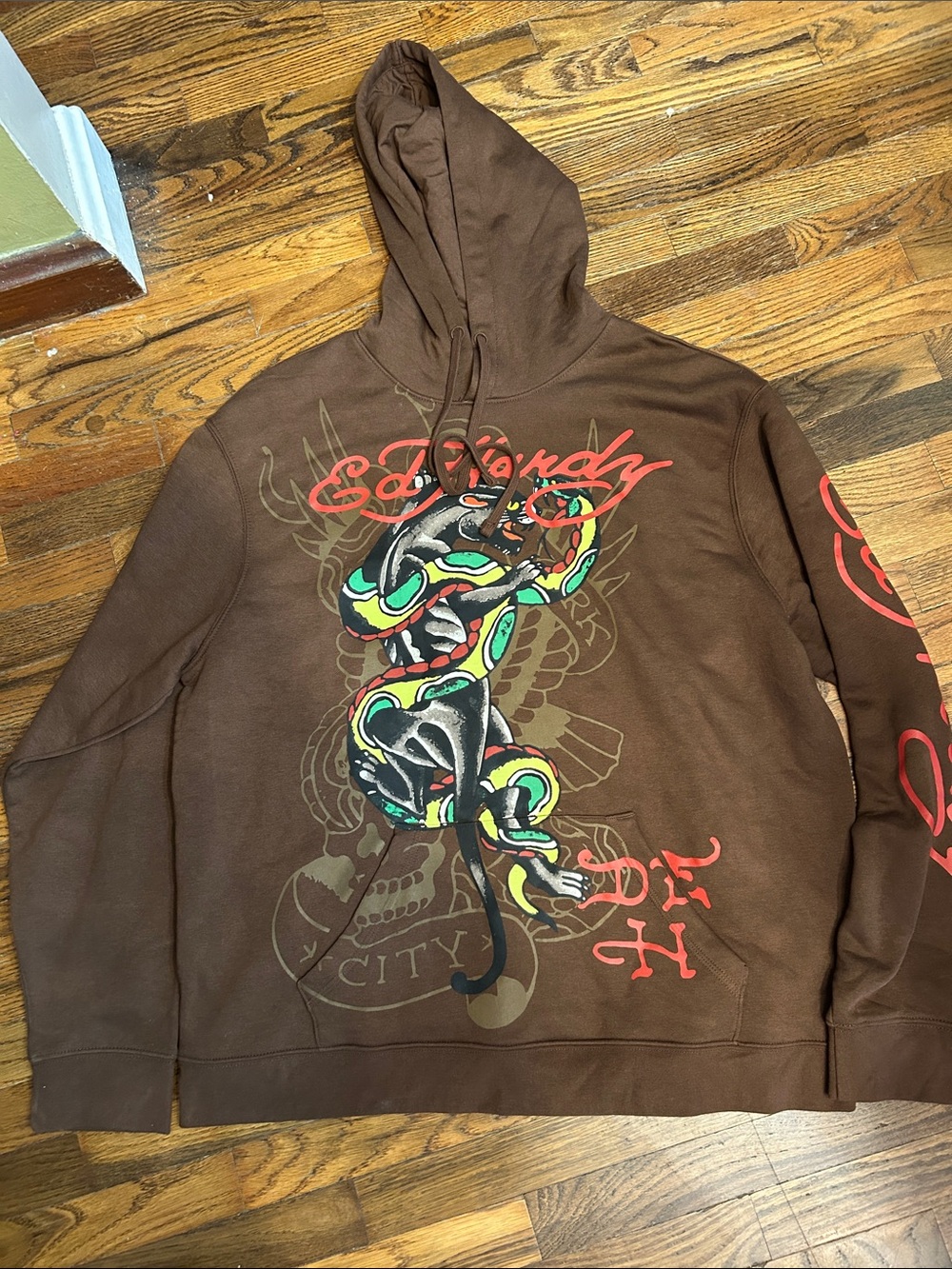 Ed Hardy Brown Hoodie with Multicolor Snake Graphic